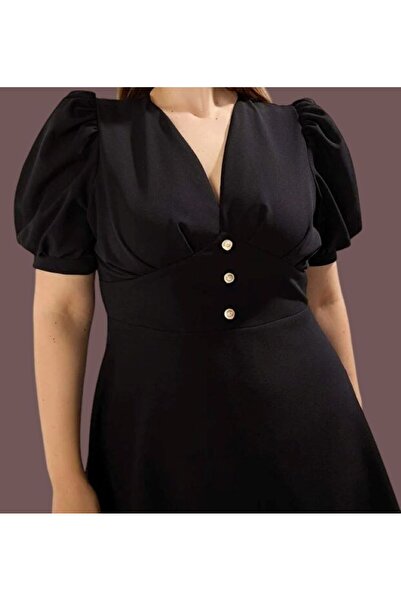 YUSERH Siyah V Yaka Balon Kollu İnci Düğmeli Midi Şık Dokuma Büyük Beden Elbise