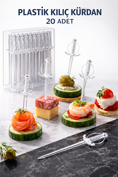 OPTİMEX Plastik Kılıç Kürdan 20 Adet – Şeffaf Kokteyl Kürdanı Kanepe Sunum Çu...