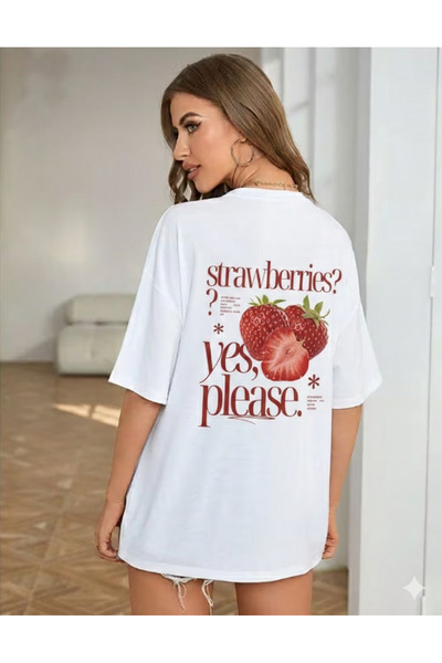 KVİNS Women's White Strawberry Printed Oversize T-Shirt - 100% Cotton Lover's...