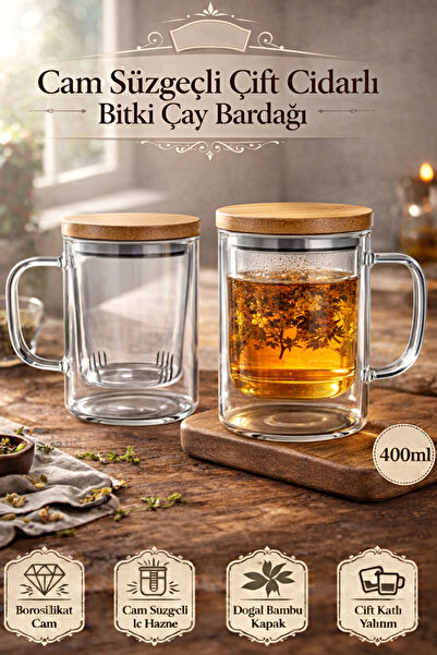 Tilbe Home Borosilikat Cam Süzgeçli Bambu Kapaklı Kupa Kulplu Demlik Modeli Ç...