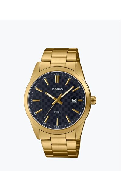 Casio Men Watch Analog Date Display Black Dial Stainless Steel Band Gold Ion ...