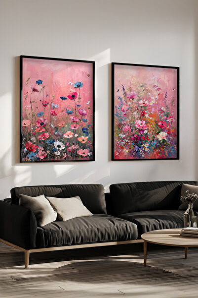STARYUNA Black Wooden Framed Pastel Flower Garden Patterned Double Painting S...