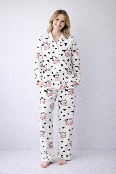 Kıvırcıkyoga 100% Cotton Cow Patterned Mother's Pajama Set