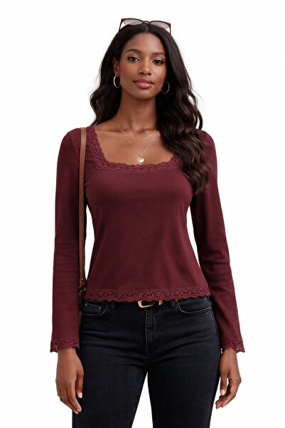 kikiriktekstil 10950 Women's Square Neck Lace Detailed Spanish Sleeve Blouse