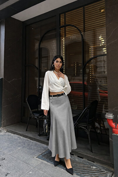 kikiriktekstil 10949 Women's Belt Detailed Full Flared Midi Length Fabric Skirt