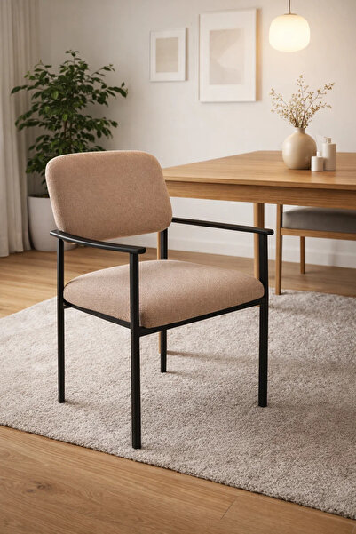 MARIA HOMES Modern Beige Upholstered Armchair with Black Metal Frame Stylish ...