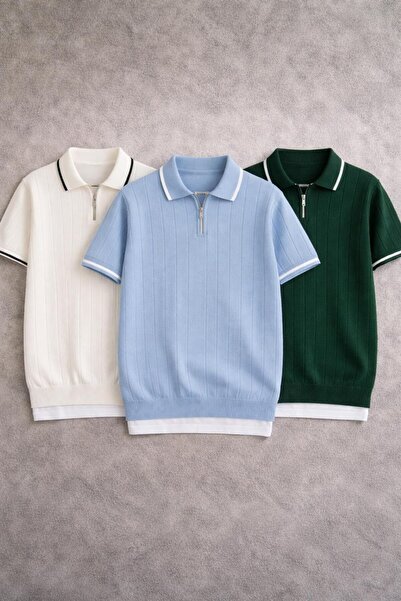 oneoff Ανδρικό πλεκτό μπλουζάκι Premium με λαιμόκοψη πόλο, μισό φερμουάρ, ριμ...