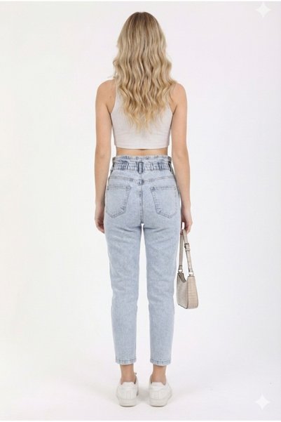 SHEVEGA Women's Ice Blue Lycra High Waist Button Detailed Elastic Mom Jeans