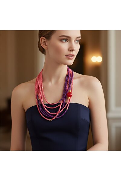 COCOSH TAKI Pink and purple color beads multi wrap design necklace