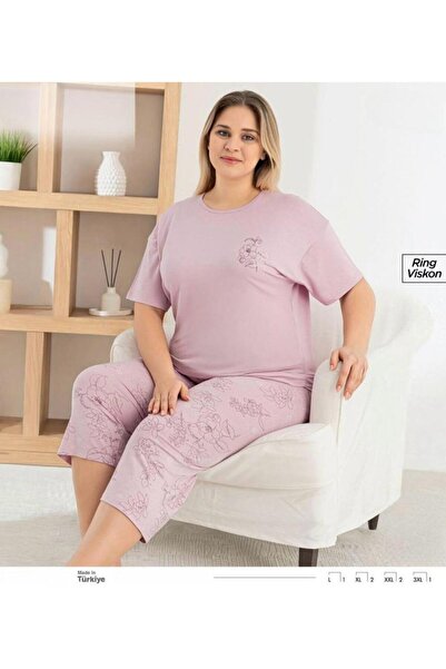 İpek Women's Short Sleeve Capri Crew Neck Plus Size Floral Pattern Pajama Set