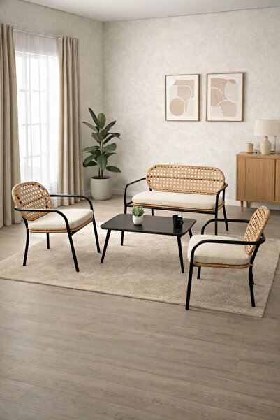 MARIA HOMES Stylish 4-Seater Conversation Set Black Metal Frame Beige Cushion...