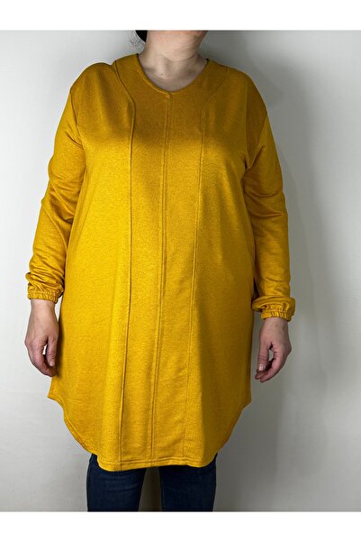 YAŞAR TRİKO Women's Mustard Long Sleeve Ankle Elastic V-Neck Long Tunic