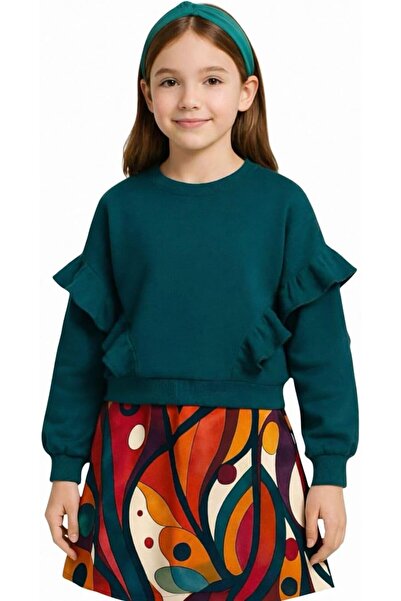 Generic Girls' Ruffled Sleeve Sweatshirt Set with Abstract Print Skirt