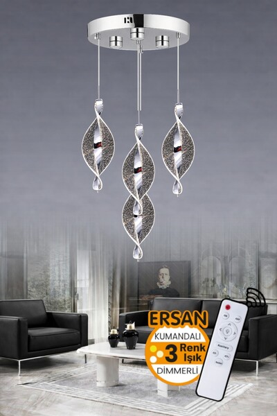Ersan Avize Lena 4'lü Krom Kumandalı 3 Renk Işık Özellikli Dimmerli Modern Sa...