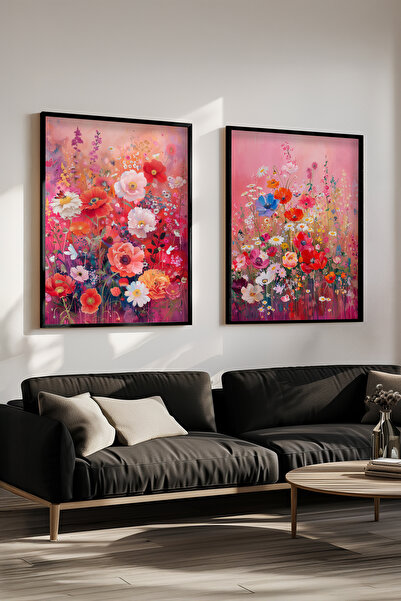 STARYUNA Black Wooden Framed Colorful Wildflower Patterned Double Painting Se...