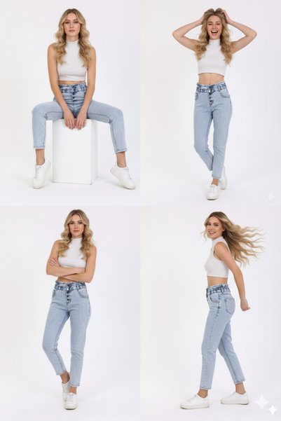 SHEVEGA Women's Ice Blue Lycra High Waist Button Detailed Elastic Mom Jeans