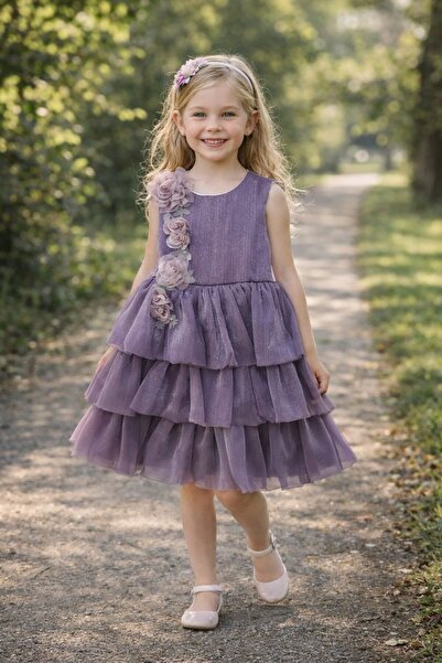 Tarz Çocuk Lila Tüllü Kız Çocuk Abiye Elbise 5-8 Yaş Kat Kat Prenses Elbise D...