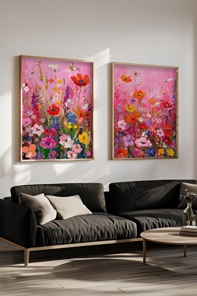 STARYUNA Wooden Framed Pink Flower Garden Double Painting Set Yuna541