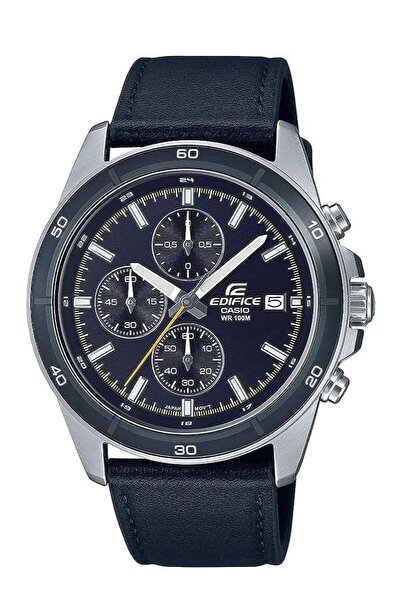 Casio Men Watch Edifice Chronograph Black Dial Date Display Leather Band