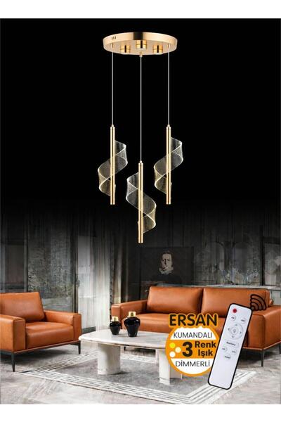 Ersan Avize Nova 3 lü Gold Kumandalı 3 Renk Işık Özellikli Dimmerli Modern Sa...