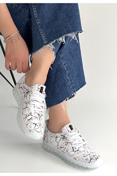 FRESCO SCARFS Jiten White Patterned Leather Lace-Up Sports Shoes