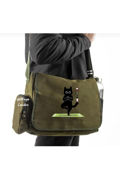 Minga London Haki Yoga Cat Printed Messenger Bag -Mingalondon
