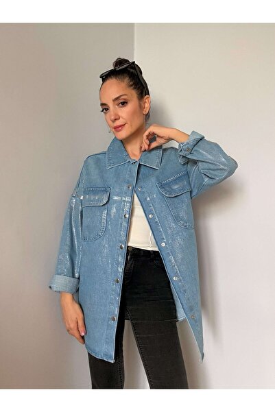 Ali Butik Mavi Renk Gümüş Varaklı Denim Oversize Gömlek