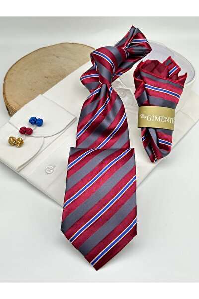 Gutiero Claret Red Striped Classic Tie with Handkerchief