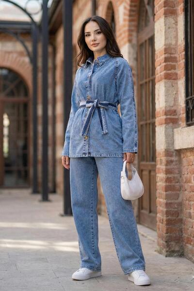 SENSTIL Belted Buttoned Trousers Denim Suit Ss2876 Light Blue