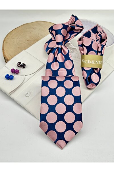 Gutiero Pink Navy Blue Polka Dot Classic Tie with Handkerchief