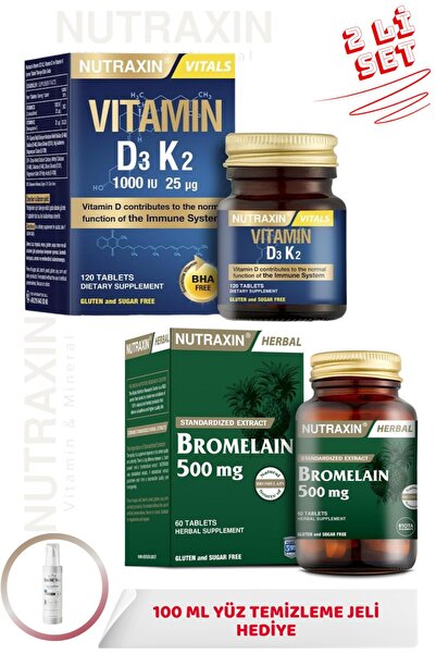 Nutraxin D3K2 Vitamini 120 Tablet + Bromelain 500mg 60 Tablet + 100ml Yüz Yık...