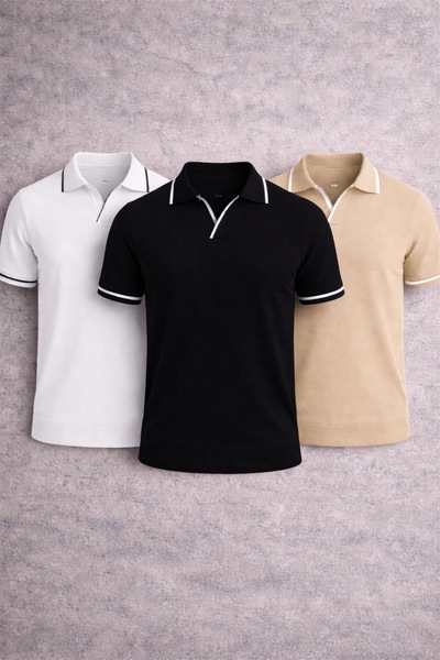 oneoff Men's Polo Collar T-Shirt with Stripe Detail Slim Fit Cotton Short Sle...