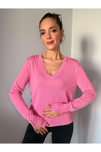 Ali Butik Pembe V Yaka Kol Detaylı Triko