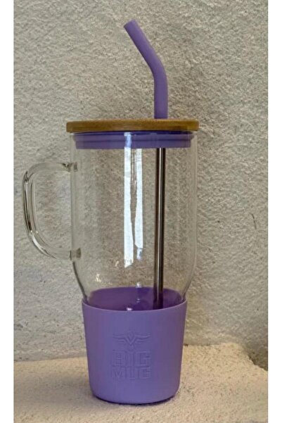 mug 1000 ML Borosilikat Cam Suluk – Pipetli, Bambu Kapaklı Büyük Boy