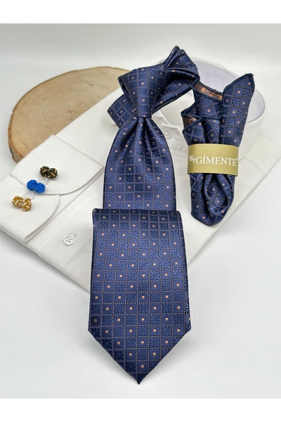 Gutiero Navy Blue Patterned Classic Tie with Handkerchief