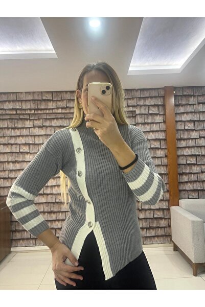 Kadın Fit Kesim Kontrast Şeritli Triko Hırka – Düğmeli