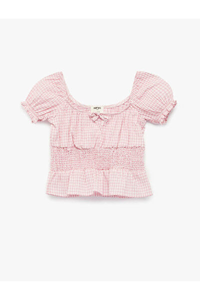 Koton Bluză roz pentru fete cu fundă model cu carouri gingham cu model 6SKG60...