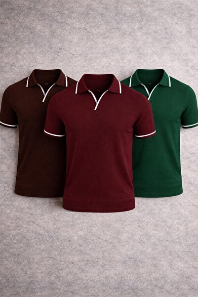 oneoff Men's Polo Collar T-Shirt with Stripe Detail Slim Fit Cotton Short Sle...