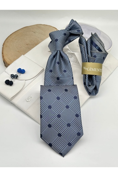 Gutiero Navy Blue Polka Dot Classic Tie with Handkerchief