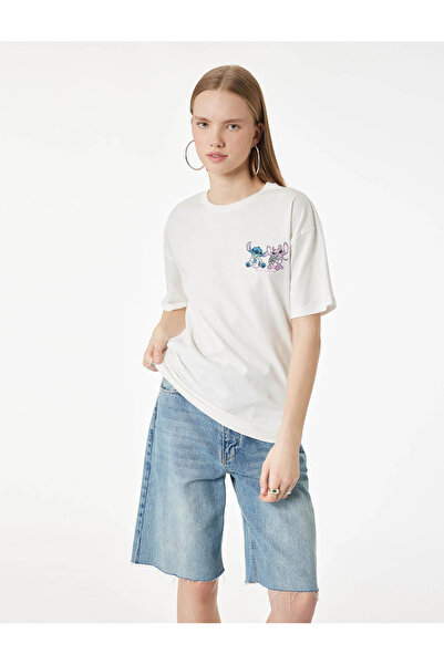 Koton Γυναικείο T-Shirt με άδεια χρήσης Stitch, εκρού χρώματος 6SAL10086IK