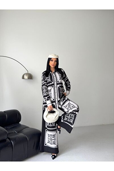 WellWay Atlas Fabric Tunic Shirt & Pants 2-Piece Set-Black Floral-2619