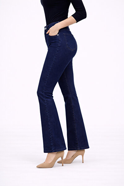 TRUEJNS Crina Women's Dark Blue High Waist Lycra Spanish Leg Trend Jean