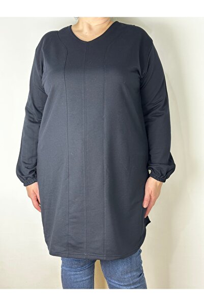 YAŞAR TRİKO Women's Navy Blue Long Sleeve V-Neck Long Tunic with Elastic Cuffs