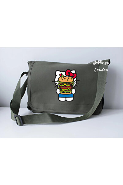 Minga London Khaki Hamburger Kitty Printed Messenger Bag -Mingalondon