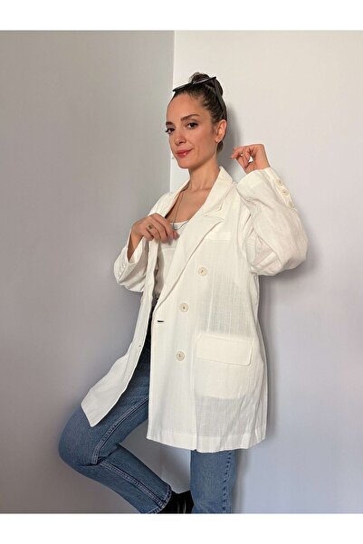 Ali Butik Ekru Oversize Keten Ceket