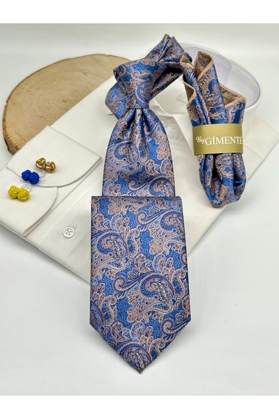 Gutiero Classic Tie with Blue Paisley Patterned Handkerchief