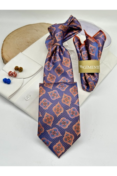 Gutiero Classic Tie with Purple and Orange Patterned Handkerchief