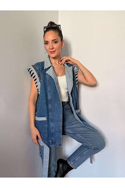 Ali Butik Mavi Oversize Tasarım Denim Yelek
