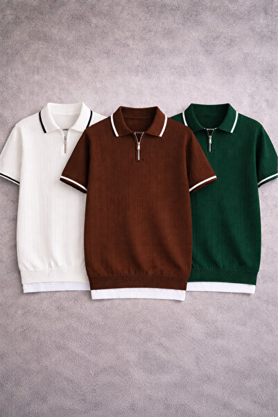 pepule Tricou cu guler polo din tricotaj ribbit pentru bărbați, set de 3 pies...