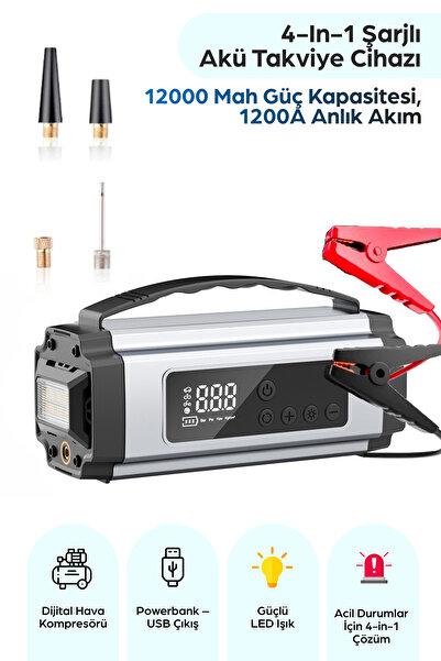 ROBEVE Pro 4in1 Akü Takviye Şarj Cihazı 12000 Mah 1200A Akü Şarj Cihazı Lasti...